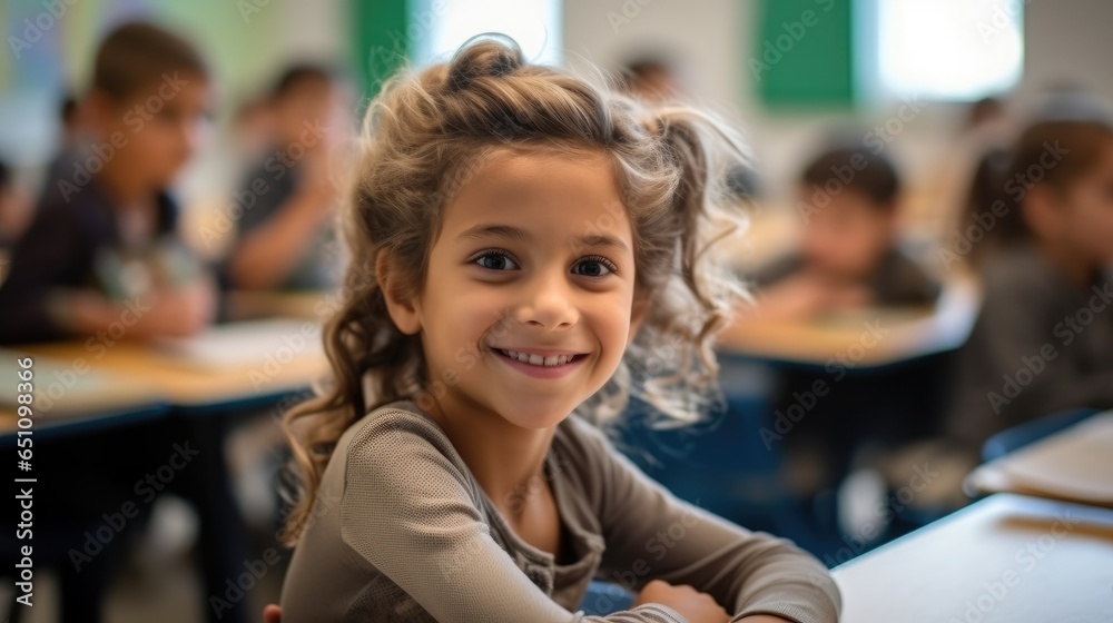 Group of children primary elementary school studying in the classroom, Learning and sitting at the desk.