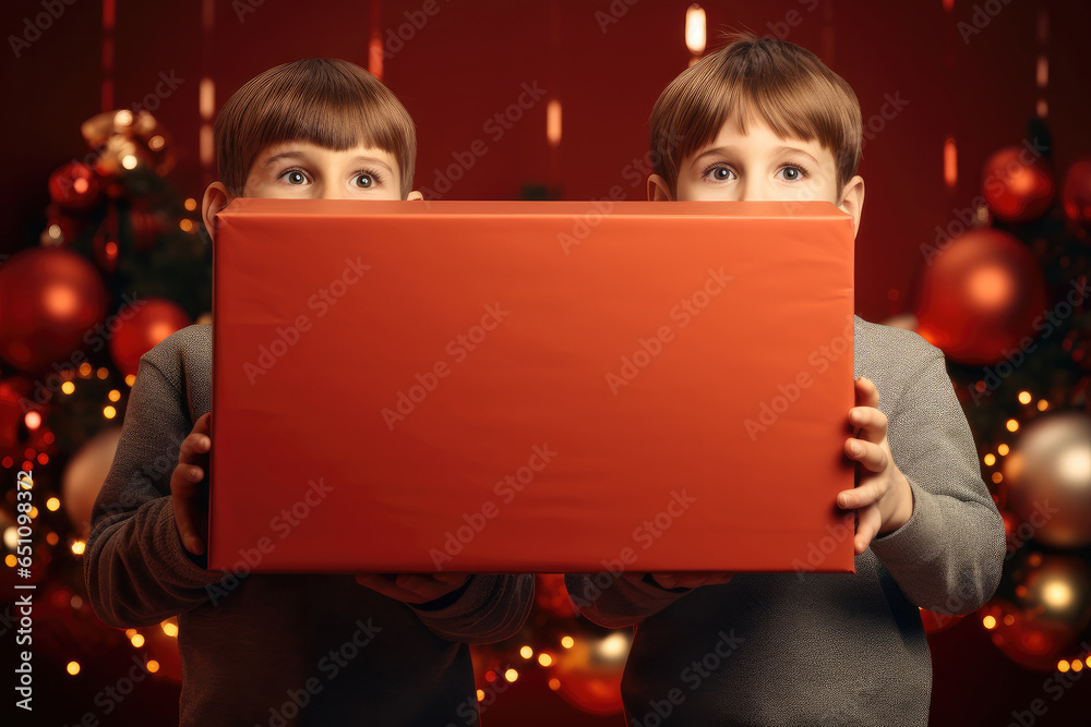 A pair of boys hands held a giant box with a Christmas atmosphere on a red background.