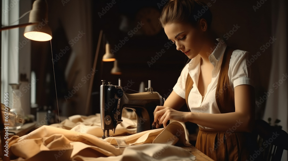 Female tailor using a sewing machine in her studio, Designer, Elegant.