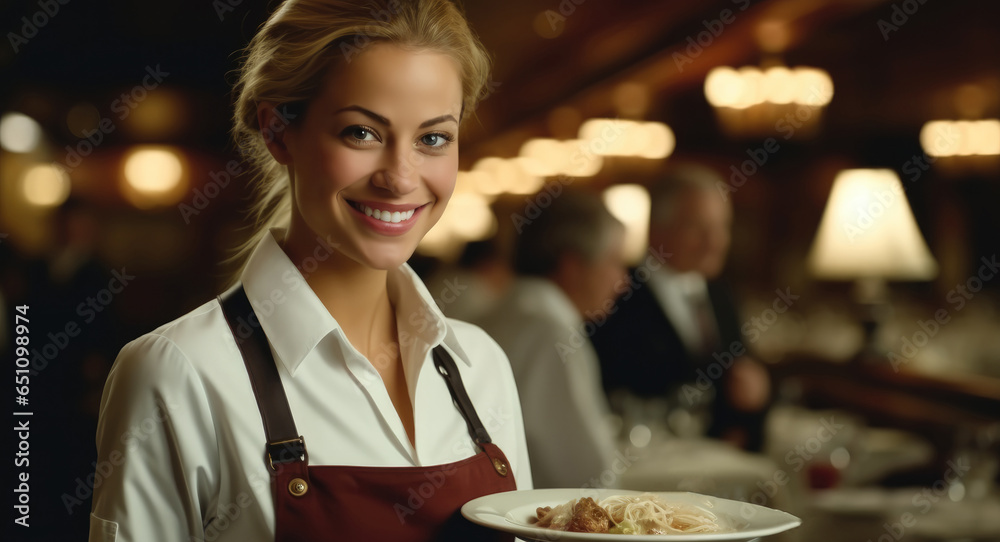 Beautiful young server waitress in restaurant, Luxury restaurant.