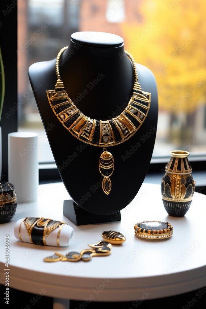 Beauty accessories, African necklaces and earrings placed on the table in front of a mirror.