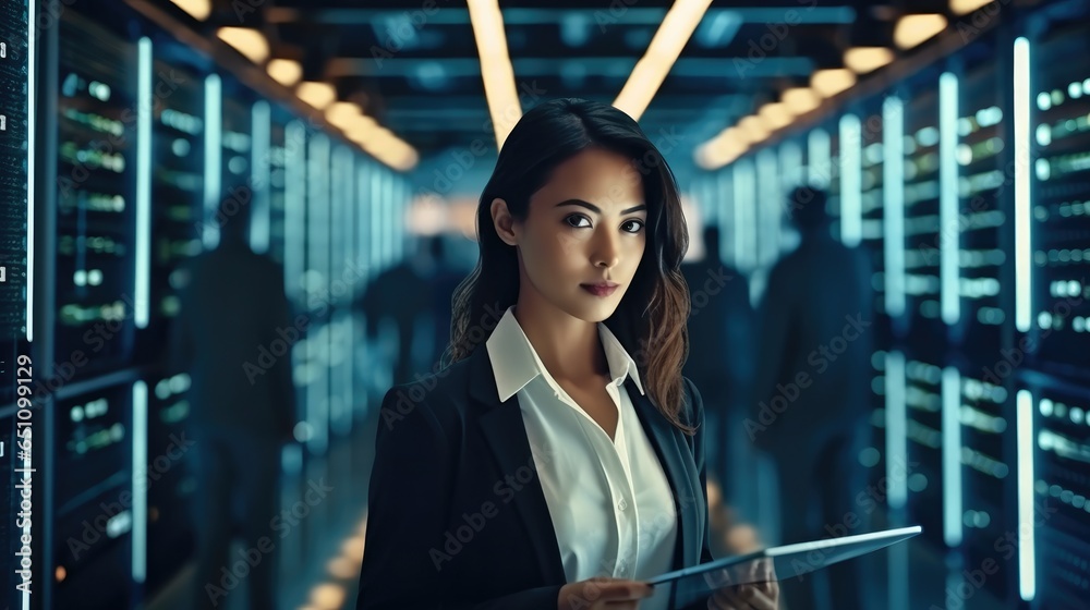 Female Technician working in server room or supercomputer electricity backup room.