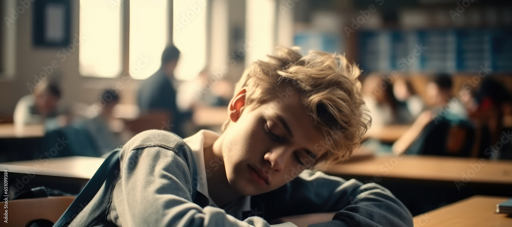 Boy student holding his head and sleeping on his desk in the school classroom.