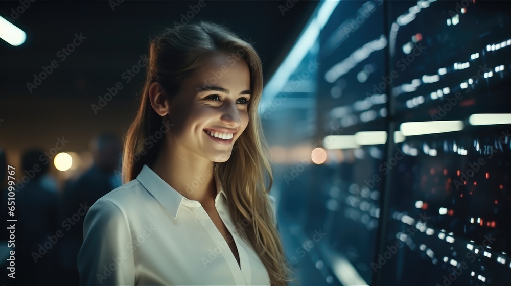 Young IT Engineers woman working in supercomputer electricity backup room.