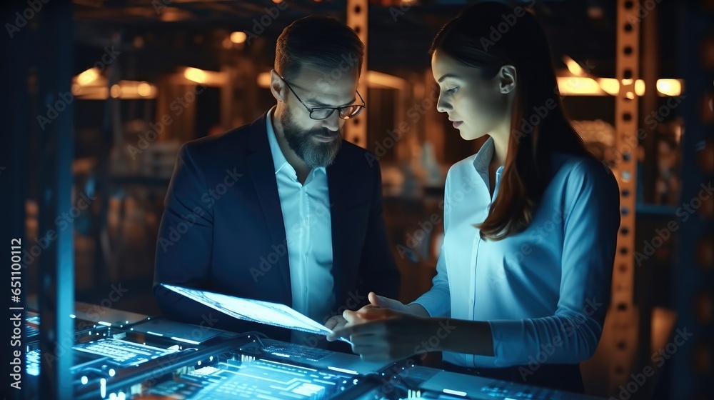 IT advisors working and discussing in Server room.