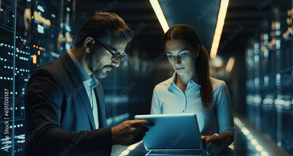 IT advisors working and discussing in Server room.