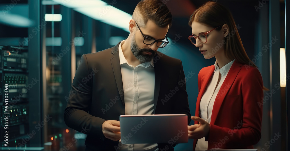 Two IT man and woman using a digital tablet while working in a data centre, Professional computer engineers, Developers and programmers planning data coding interface for mainframe.