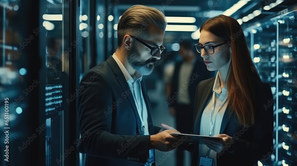 IT Engineer man and woman using laptop diagnostics or doing maintenance in server room.