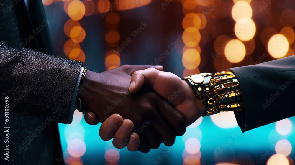 Business handshake of human and robot. Collaboration of artificial intelligence and man. Generative AI