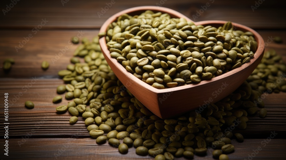 Heart made of green coffee beans on wooden background.