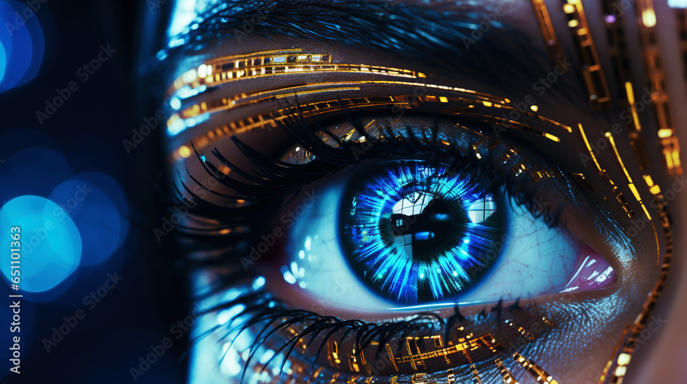 Female android robot eye close up. Digital iris of cyber woman. Bionic technology concept. Generative AI