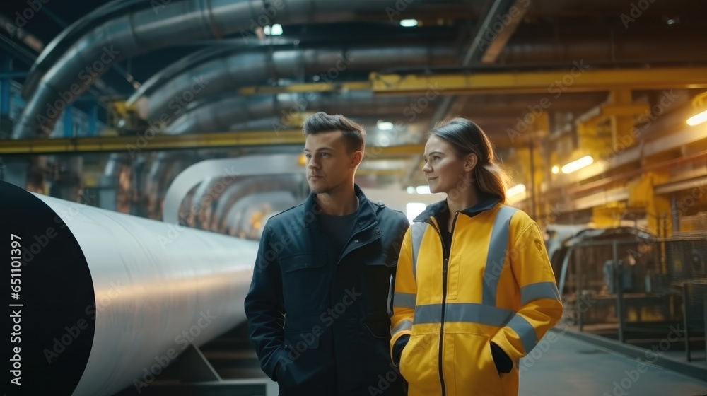 Industrial Engineers man and woman are discuss new project at a heavy industry manufacturing factory.