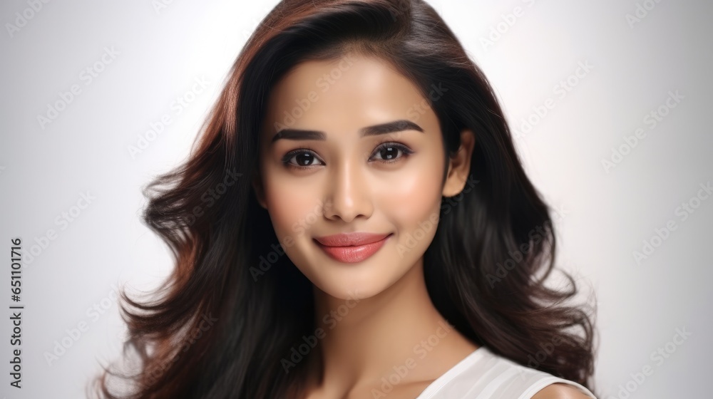 Beautiful young Indian woman smiling with clean teeth.