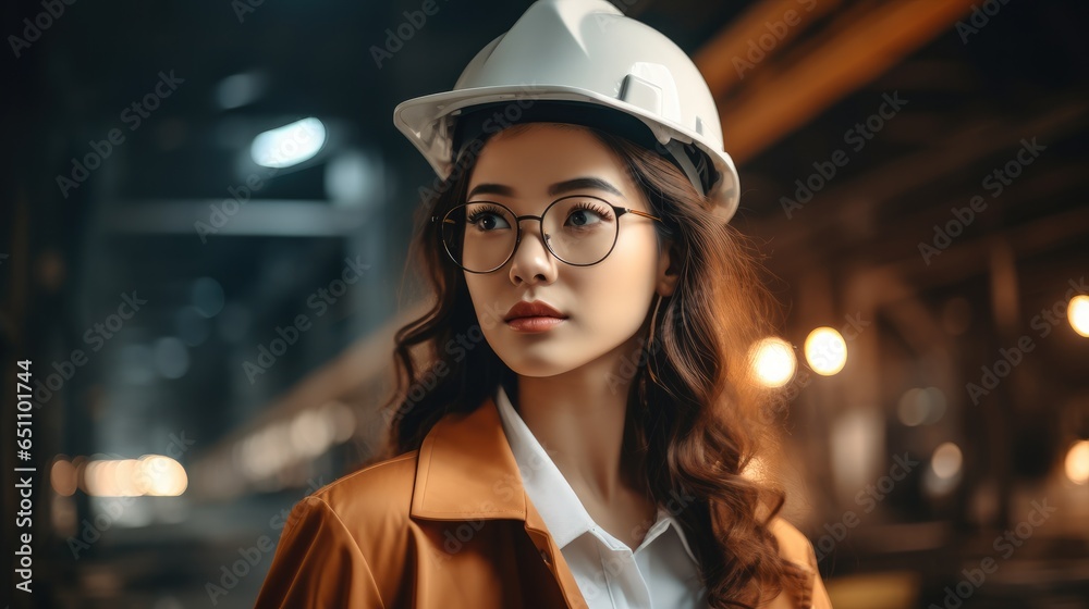 Portrait of Asian female engineer wear safety helmet in warehouse.