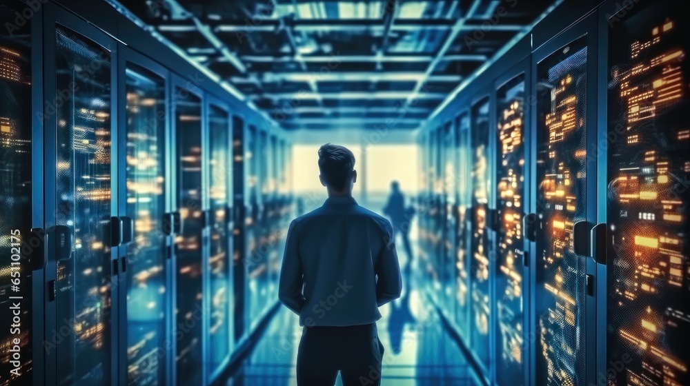 IT engineer man checking servers in big cloud computing server.