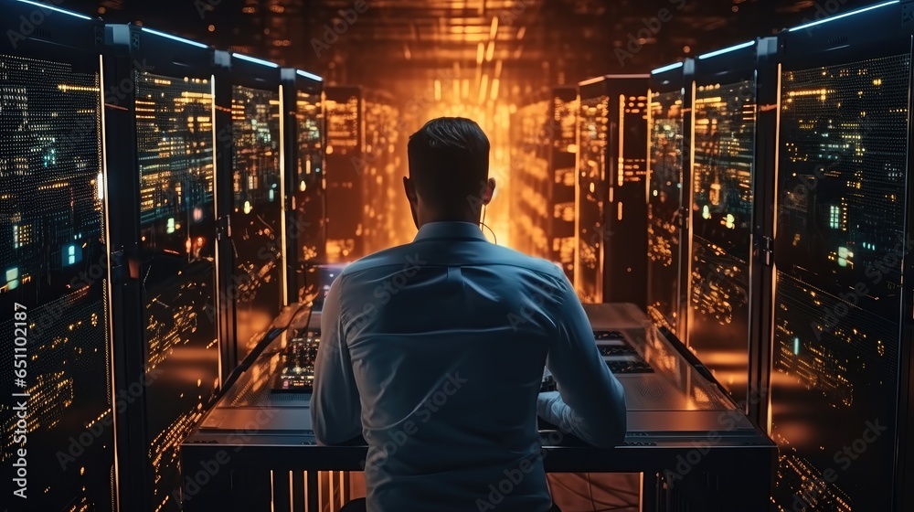 Technician man using a laptop while working in a data centre.