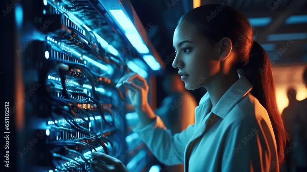 IT Professional female network are connecting cables in server cabinet while working in big data center.