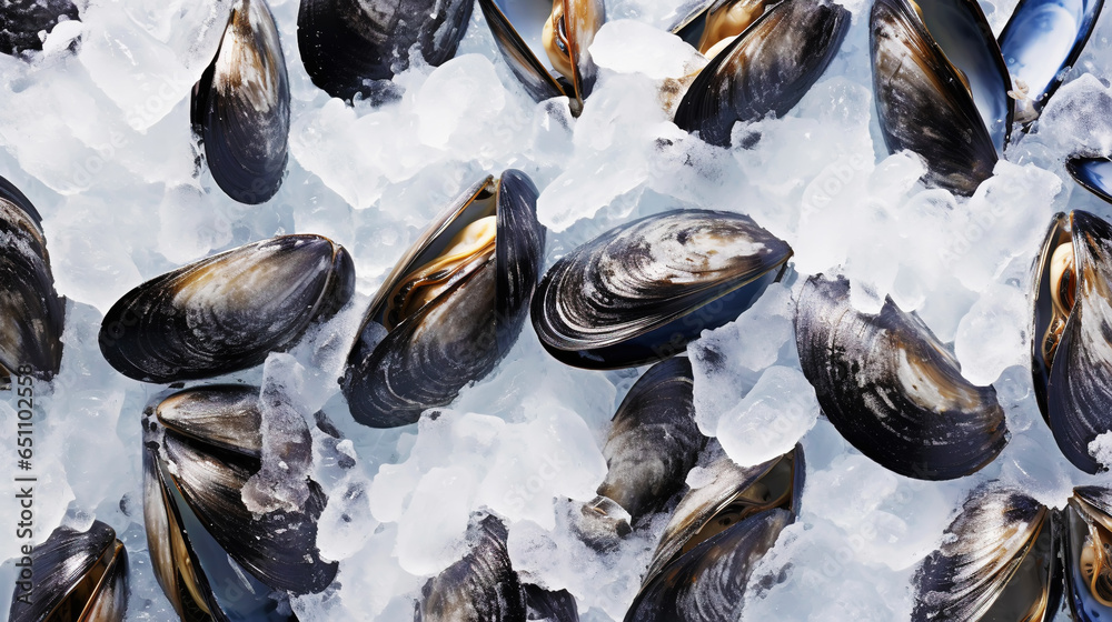 Raw Mussels on ice in the restaurant . Fresh seafood shellfish background. Generative AI