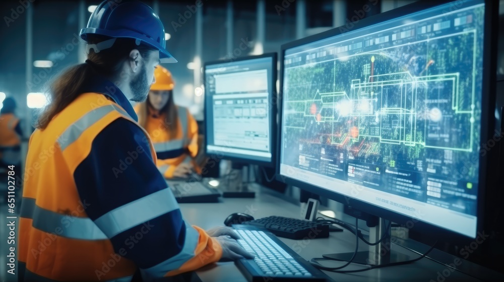 Project Engineer Talks to Operator who Controls Production Line, Using Computer with Screens Showing AI, Machine Learning Enhanced Assembly Process.