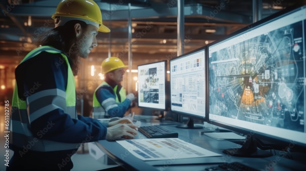 Project Engineer Talks to Operator who Controls Production Line, Using Computer with Screens Showing AI, Machine Learning Enhanced Assembly Process.