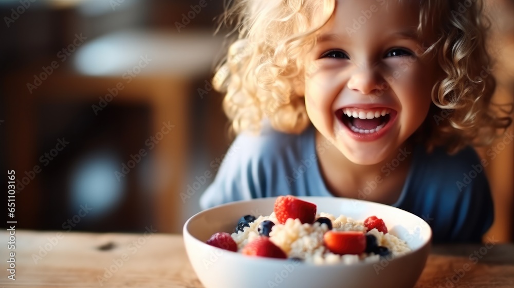 Smiling adorable child having breakfast eating oatmeal porridge with berries, Food.