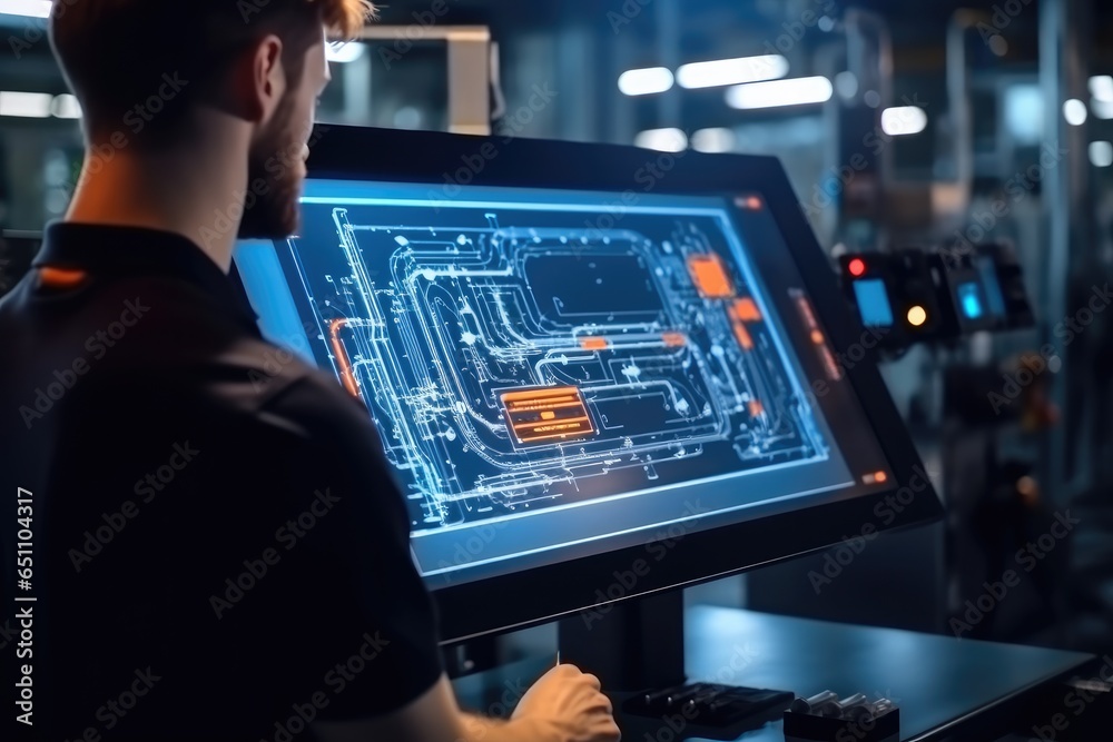 Engineer operating machine on LED touch screen at factory, Screen of design and status.