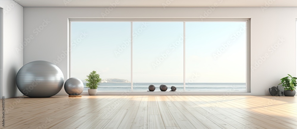 Vibrant gym interior with yoga and exercise equipment White walls wooden floor large window Ideal for fitness and meditation