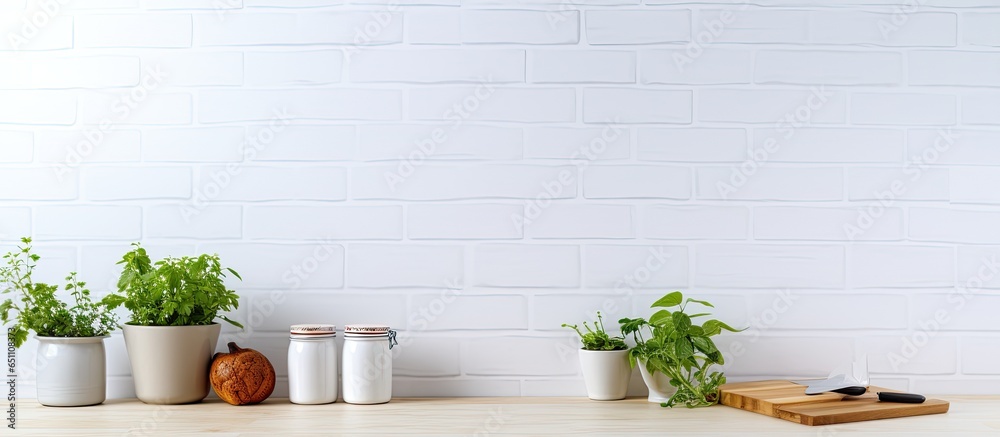 Scandinavian modern style kitchen with white details plants on wooden table ceramic brick wall background promoting sustainable and eco friendly living