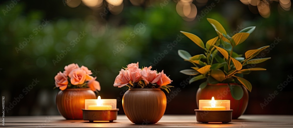 Table with flower pots and tealight