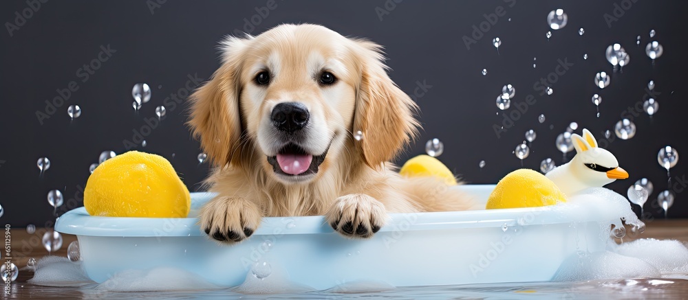 Golden Retriever enjoys bath time with duckling and bubbles