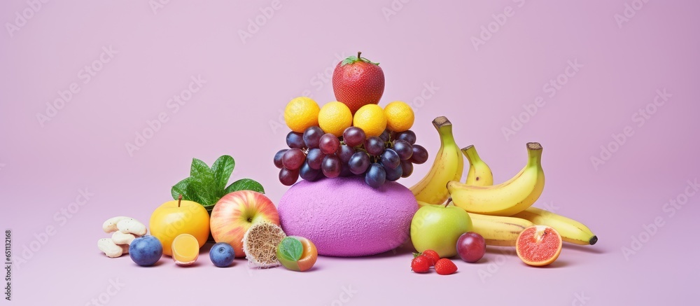 Minimalistic composition with sweets fruit and exercise on a pastel purple backdrop showcases a creative balanced lifestyle concept emphasizing the idea of consuming healthy food