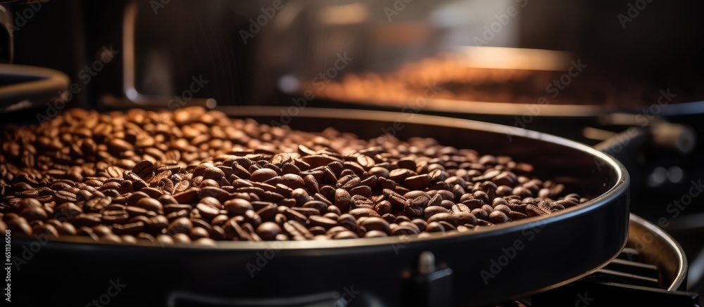 A factory s roasting machine contains a large cooling tray with freshly roasted coffee beans seen from above