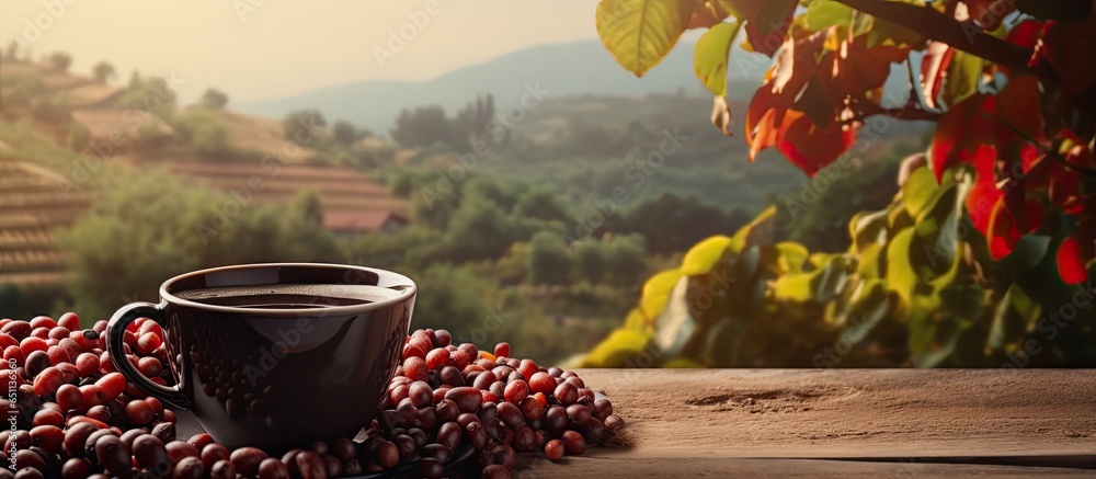 Coffee cup with organic red beans roasts on wooden table plantation background Copy space for text