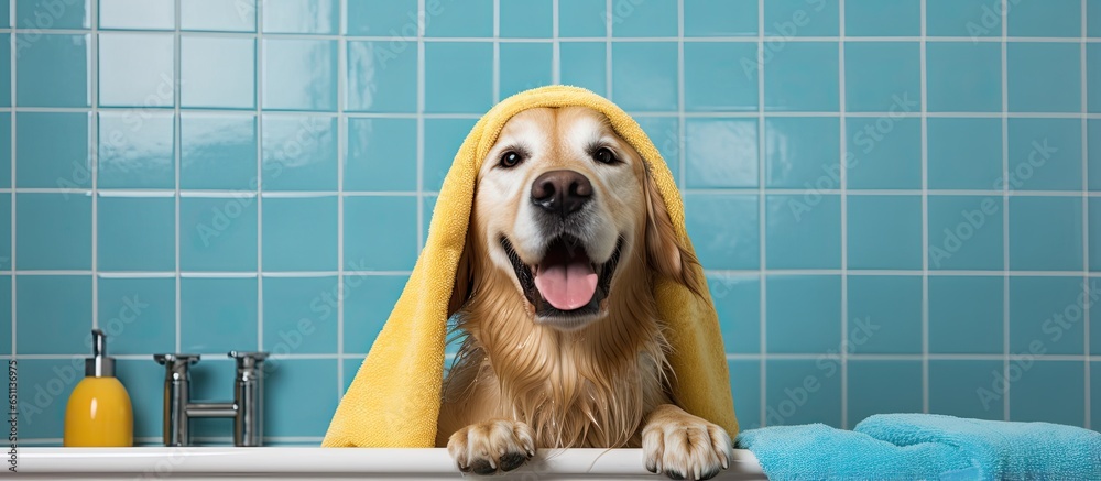 A canine in anticipation of a bath wearing a shower cap and equipped with bathing essentials