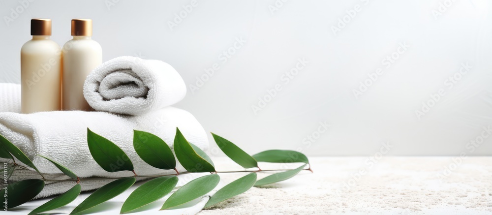 Eco friendly bath essentials with eucalyptus leaves on light fabric Zero waste hygiene supplies