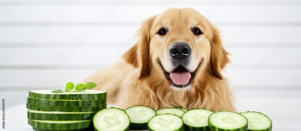 Dog enjoying spa treatments with cucumbers on its face