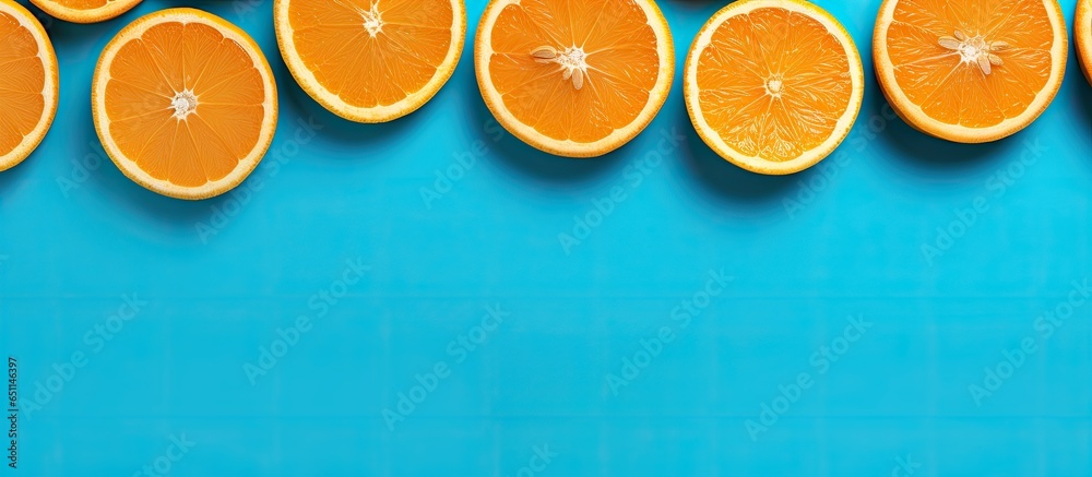 Minimalistic pop art concept with isolated orange fruit on blue background