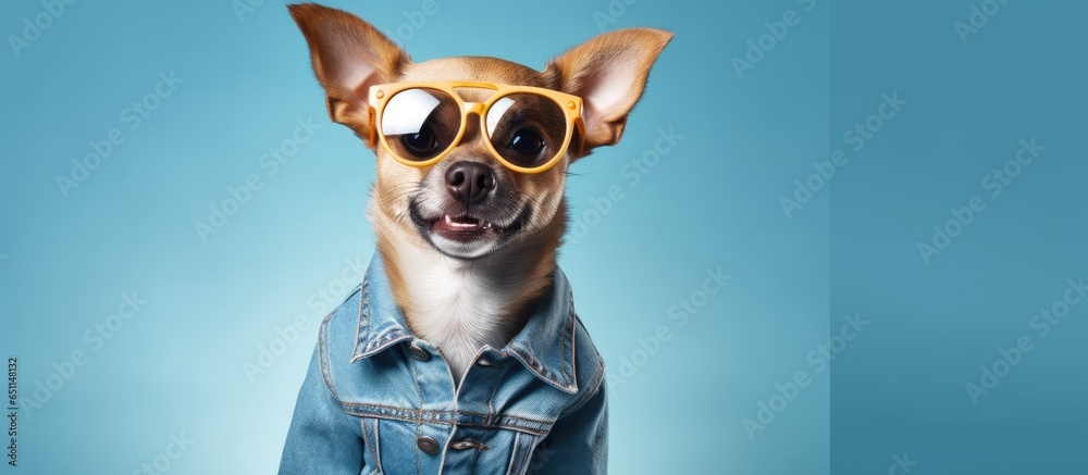 Stylish dog in denim vest and sunglasses