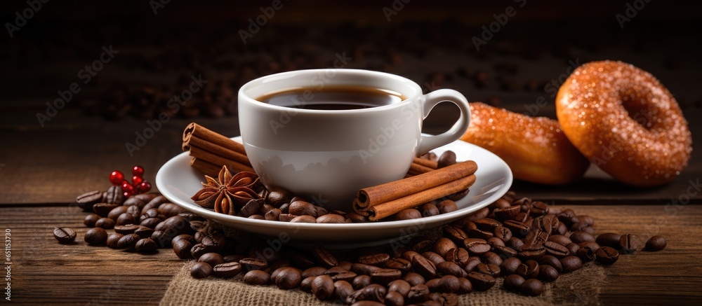 A beautiful cup holds morning coffee black aromatic with various grains and accompanied by cinnamon sticks and a delicious donut on a wooden table