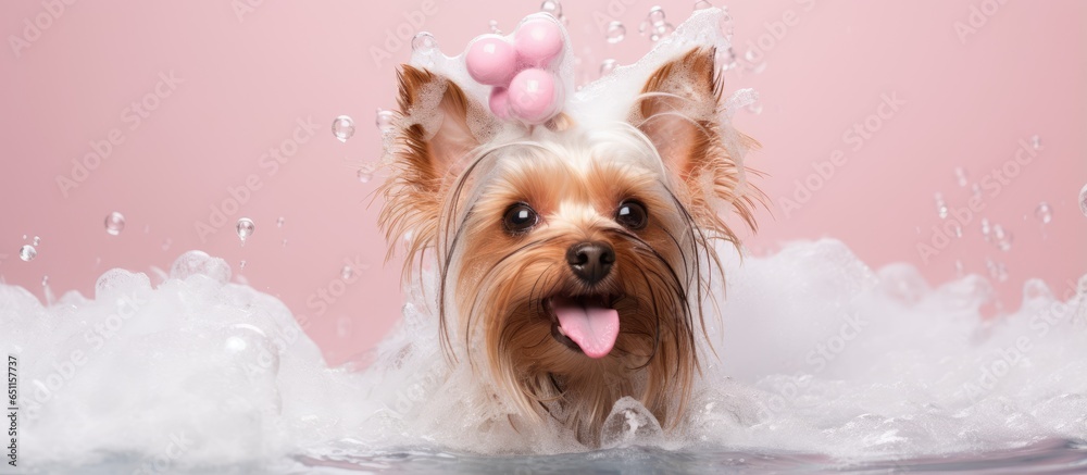 Yorkshire Terrier with foam on head in bath