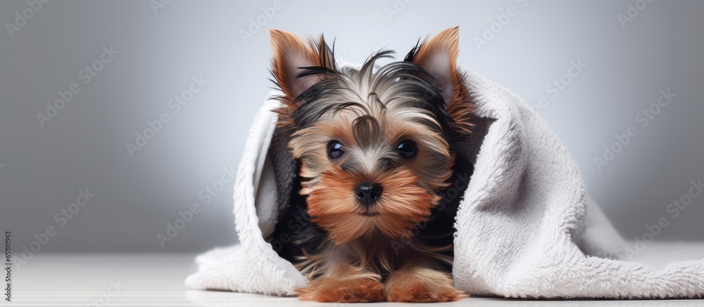 Tiny yorkie pup wrapped in towel post bath