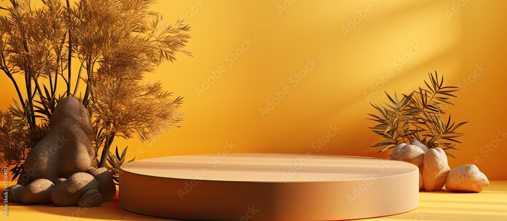 Minimalistic podium in brown coffee color with yellow pastel tone and plant shadow background Abstract concept illustration