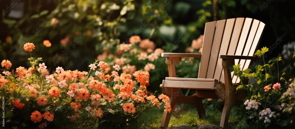 Summer wood chair in flower garden