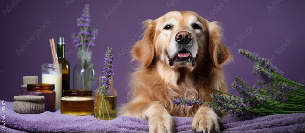 Dog undergoing cosmetic treatments relaxing on a purple background with cucumbers on its face