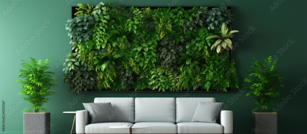 of a living room with a vertical green wall