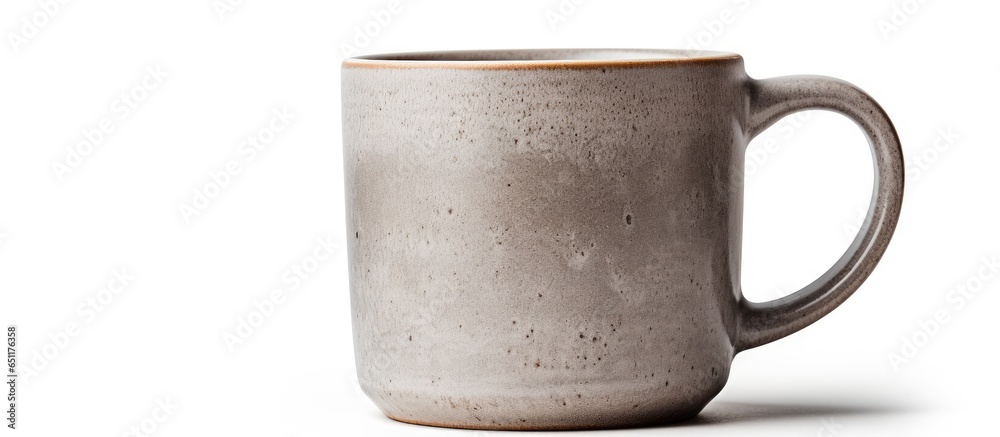 Hot coffee in grey mug on white background