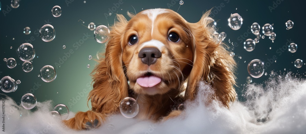 Cocker spaniel pup bathing in bubbles