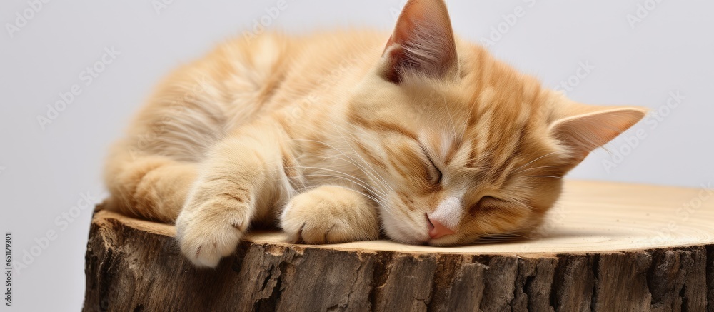 Quality photo of a sleeping cat curled up on a scratching post