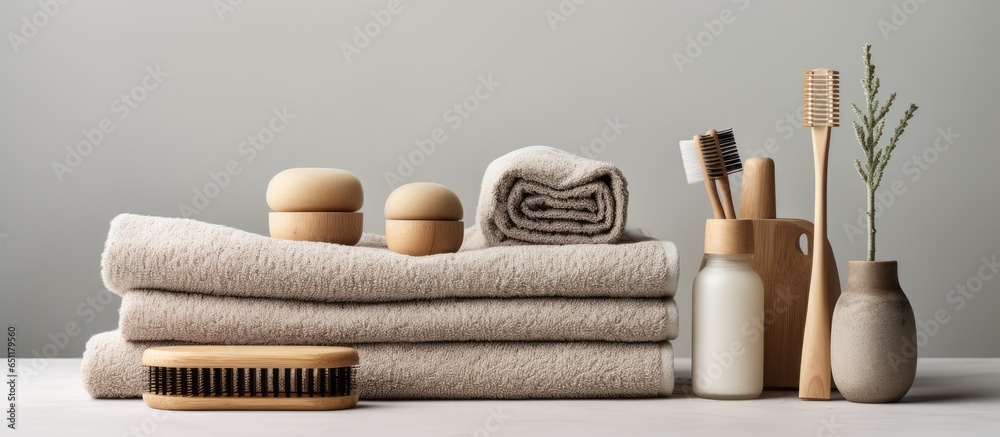 Zero waste bathroom concept featuring daily body care spa and wellness with organic waffle linen towel exfoliating body strap bamboo toothbrushes and stylish grey accessories