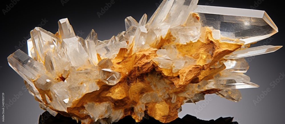 Golden mineral on transparent quartz found at Eagle Mine CO